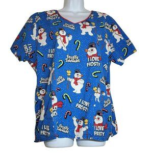 Frosty Snowman Scrub Top, Women XL, Blue, White & Red Frosty Print, Pockets, EUC